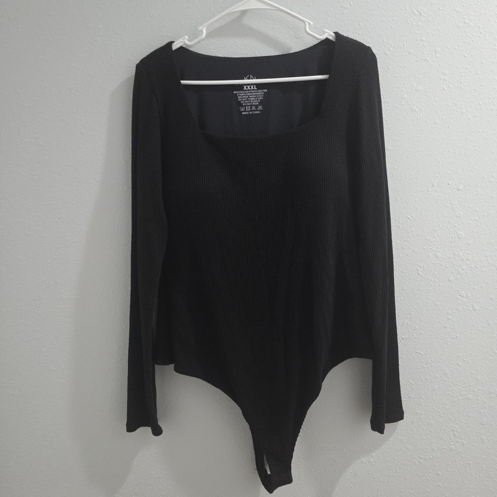 Klassy Network Bodysuit Women 3XL square-Neck Shelf Bra Black Long Sleeve Ribbed